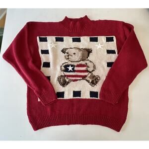 Talbots Women’s Knit Sweater Bear American Flag Size Large Petite Patriotic READ